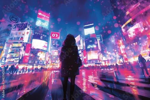 An editorial illustration of a woman elegantly walking across the iconic Shibuya crossing, filled with movement and city lights
