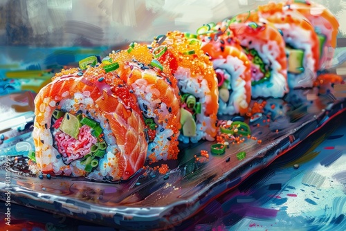 An illustration of a delicious sushi lamb roll, captured with vibrant colors and artistic detail, showcasing its yummy appeal in a documentary photography style