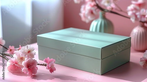 A pastel green packaging box with a smooth finish on a soft pink surface, creating a gentle and pleasing contrast. Minimal and Simple style