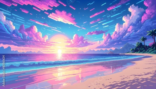 A serene beach scene at sunset, with a calm ocean and a vibrant sky filled with colorful clouds. The sand is smooth and the water is gently lapping at the shore, creating a peaceful and tranquil atmos