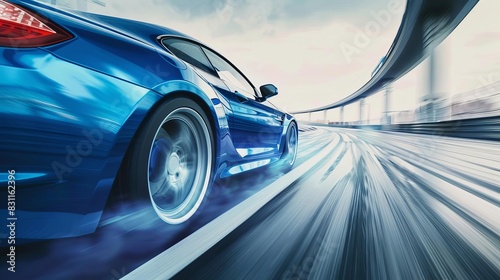 blue sports car speeding on highway turn motion blur effect rear view