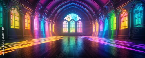Neon Rainbow Pride Hallway - Cyberpunk LGBTQ+ Pride Symmetry with Copy Space, Vibrant Colors, Photography Background