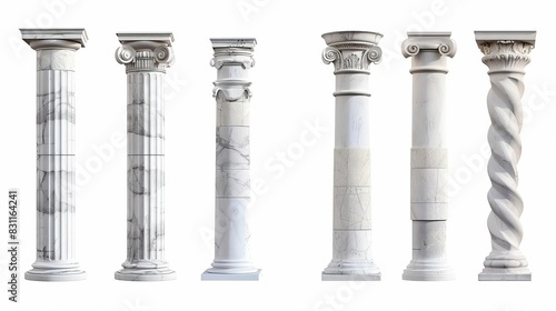 classical white marble columns isolated on white background ancient greek or roman architecture elements cut out 3d rendering