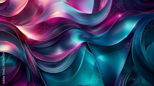 A sleek, futuristic background with shiny, interlocking triangles, vibrant circles, and flowing curve lines in shades of teal and magenta. Minimal and Simple style