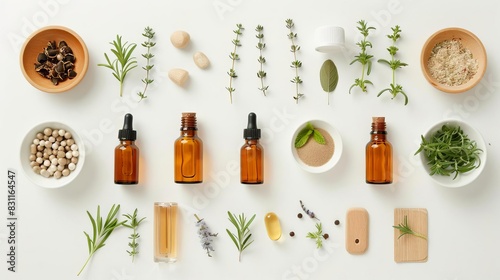 collection of natural herbal ingredients and essential oils for wellness medicine and cooking