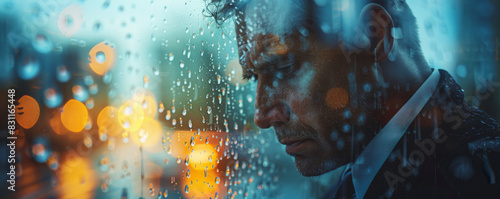 A contemplative man looks out a rain-streaked window, with city lights creating a moody and reflective atmosphere.