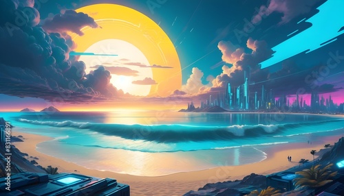 Stunning sunset beach landscape highlighting a calm, turquoise ocean, fine golden sand, and a sky alight with vivid, sweeping clouds for a serene 