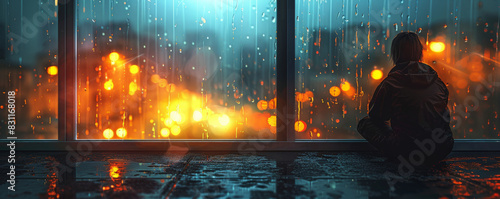 A lonely figure stands at the window, looking out at the rain. The city lights are reflected in the water, creating a beautiful but melancholy scene.