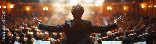 A conductor leading an orchestra, close up, precision in music direction, realistic, double exposure, concert hall backdrop