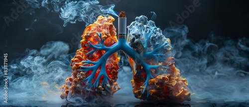 A pile of e cigarettes vape smoked pieced different colours together into the shape of a lung, with smoke permeating it and a black background