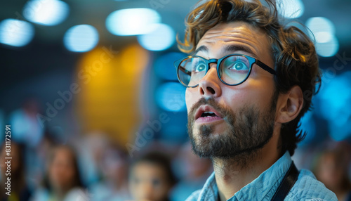 Bearded man with glasses looking up in amazement at a conference.