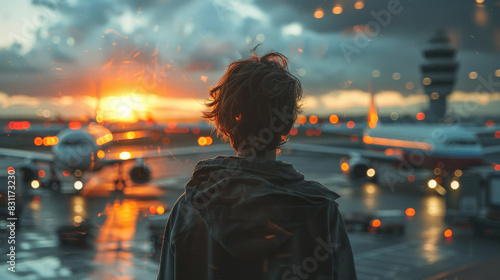 Boy with backpack standing at the airport and looking at the airplanes on the runway.