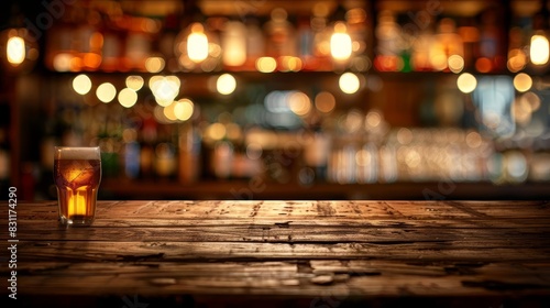 empty wooden table with blurred bar background ideal for product display or montage bokeh effect