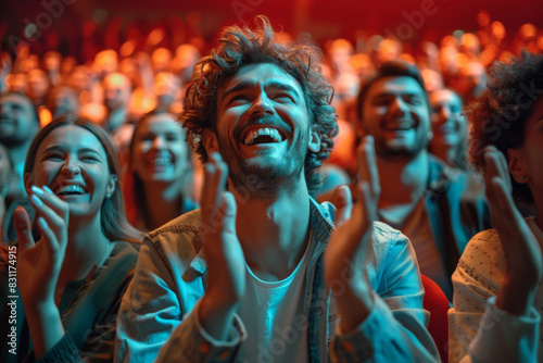 Crowd of happy people at a concert, clapping and cheering.
