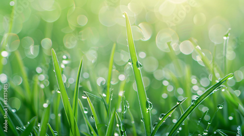 Juicy fresh green grass in the morning in droplets of