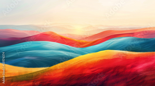 Vibrant abstract landscape with rolling hills and bright sunshine, representing the warmth of a summer day