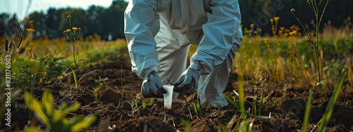 A man in a protective suit takes soil samples. Selective focus.