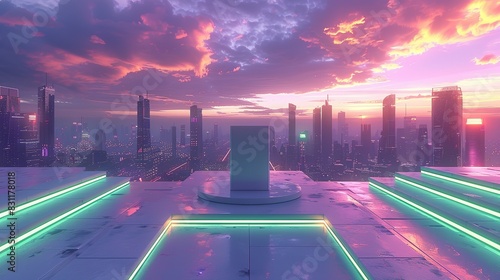 A sleek, white podium with sharp edges, illuminated by alternating purple and green cyberpunk lights, set against a backdrop of a high-tech cityscape. Minimal and Simple style