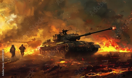 An intense battle scene with a tank and soldiers amidst flames and explosive action, depicting war and military action