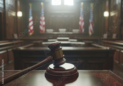 The close-up shot of a judge's gavel in a courtroom symbolizes law, order, and the American justice system