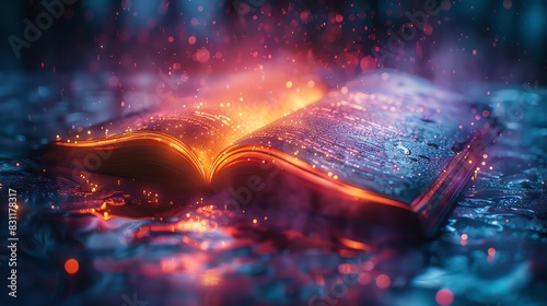 A mystical book burns with vibrant flames and glowing embers, releasing sparks into the night.