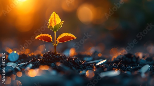 A young plant sprout emerges from the soil, reaching towards the warm glow of the setting sun. The bokeh effect creates a dreamy and hopeful atmosphere.