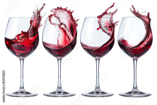 A set of elegant wine glasses toasting, showcasing a deep red wine with a delicate wine splash effect.