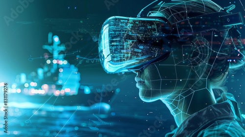 futuristic virtual reality simulation for maritime training 3d illustration