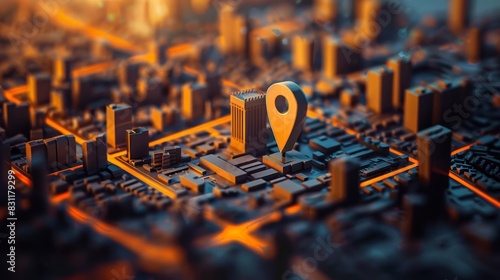 geofencing technology concept with stylized miniature city model and prominent geo pin