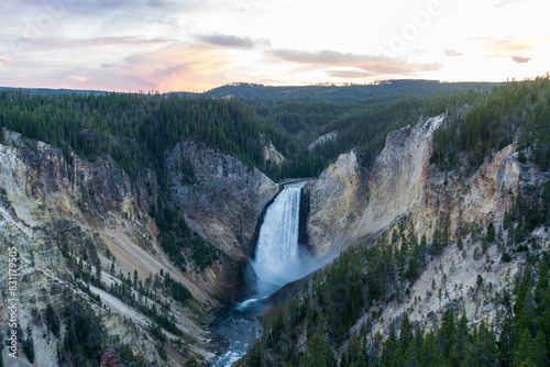 Lower Falls of the Grand Canyon of the Yellowstone at sunset in Yellowstone National Park in Wyoming