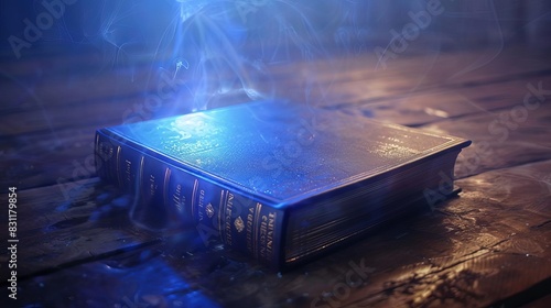 glowing bible with revelation text and blue light rays on wooden table religious concept