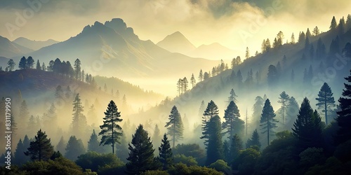 Misty mountain valley at dawn