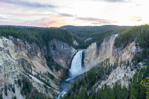 Lower Falls of the Grand Canyon of the Yellowstone at sunset in Yellowstone National Park in Wyoming