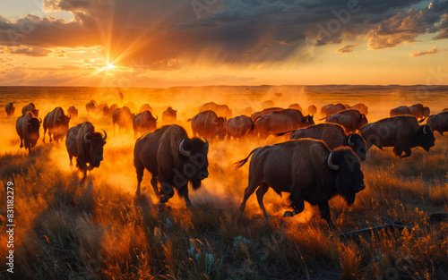 AI generated illustration of a herd of buffalo galloping through grassy field