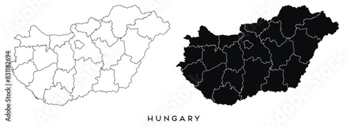 Hungary map of city regions districts vector black on white and outline