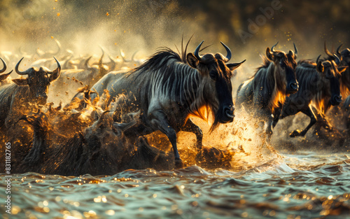 AI generated illustration of a herd of wildebeest sprinting through the water