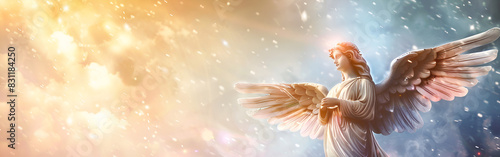 An angel standing with two beautiful wings glorious luminous and heavenly isolated on lighted background 