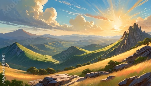 A scenic mountain landscape with rolling hills and valleys in the distance, bathed in warm golden sunlight against a blue sky with wispy clouds. The foreground features a rugged, rocky terrain with lu