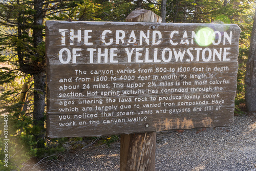 Sign and info for the Grand Canyon of the Yellowstone at Canyon Village in Yellowstone National Park in Wyoming on a sunny morning