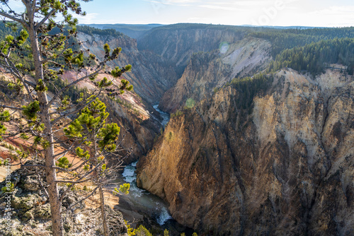 Early morning light on the rocks and cliffs at the Grand Canyon of the Yellowstone at Canyon Village in Yellowstone National Park in Wyoming on a sunny day
