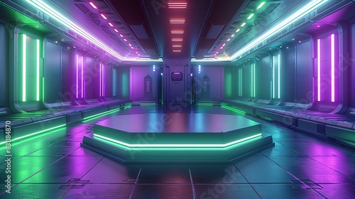 A simple, hexagonal podium with a smooth finish, bathed in alternating green and purple cyberpunk lights, positioned in a high-tech, minimalist room. Minimal and Simple style