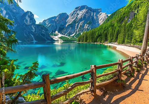 Beautiful lake in the Italian Dolomites, wooden fence around sand beach. Created with Ai
