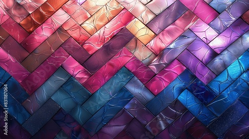 A modern, geometric fabric design with zigzag lines in metallic colors such as pink, purple, and blue, providing a colorful and shiny background. Minimal and Simple style