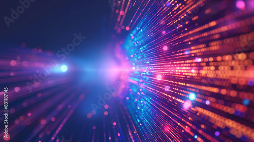 Digital background with animated glowing particles. Futuristic high tech illustration Data is transferred in cyberspace. Binary code background with lens flare, 3D rendering.