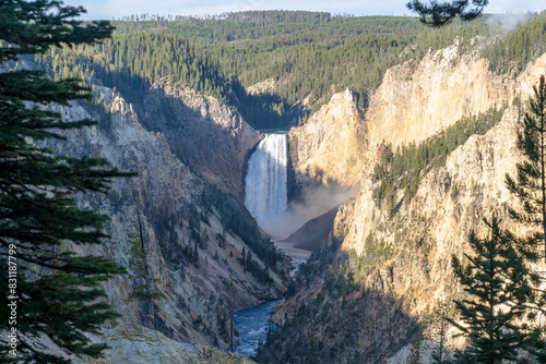 Lower Falls of the Grand Canyon of the Yellowstone on a sunny summer/fall morning in Yellowstone National Park in Wyoming