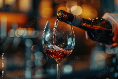 Wine Glass Bottle. Pouring Red Bordeaux Wine into Glass on Blurred Bar Background