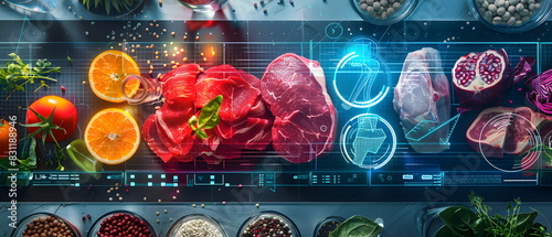 the use of artificial intelligence in industry in the concept of controlling the packaging of food or an organic vegetable or snacks put in product, Scans into a hologram