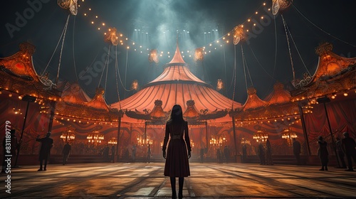 An atmospheric view inside an illuminated vintage circus tent with people in silhouette and a dramatic lighting