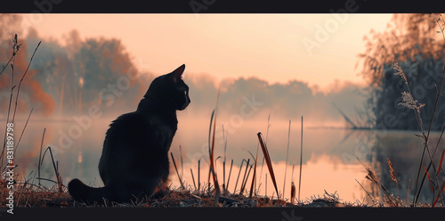 A black cat sits on the shore of an autumn lake, the background is a beautiful foggy landscape with reeds and tall grasses