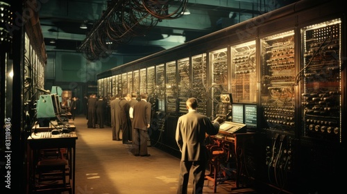 A vintage depiction of men standing in front of large computer machinery in a historical computer room